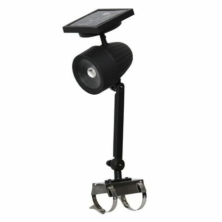 Black solar-powered outdoor light with adjustable arm on a white background