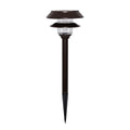 Solar-powered garden light with brown top and black stake on a white background