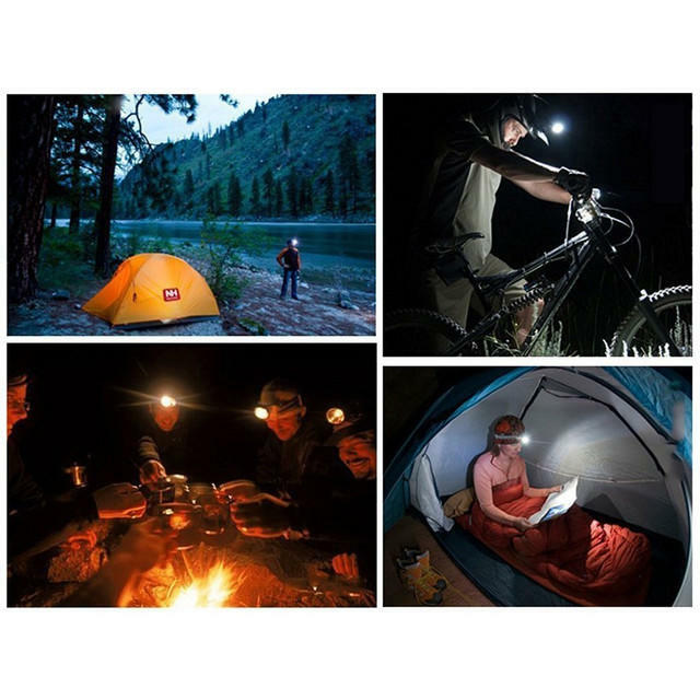 Collage of people using headlamps in various outdoor activities including camping, biking, and dining by a fire.