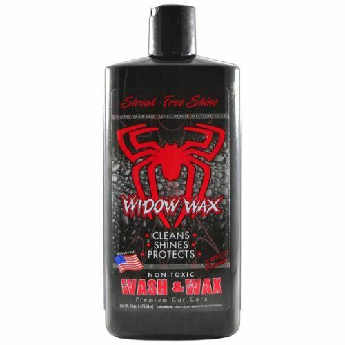 Black bottle of Widow Wax with red spider logo on a white background