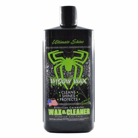 Bottle of Widow Wax car care product with green spider logo on a white background