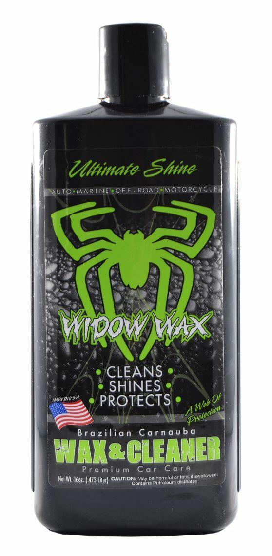 Widow Wax car care product bottle with green spider logo on a black background