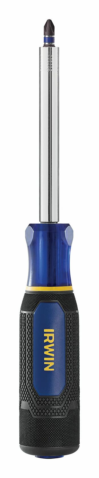 Screwdriver with blue handle and black shaft on a white background