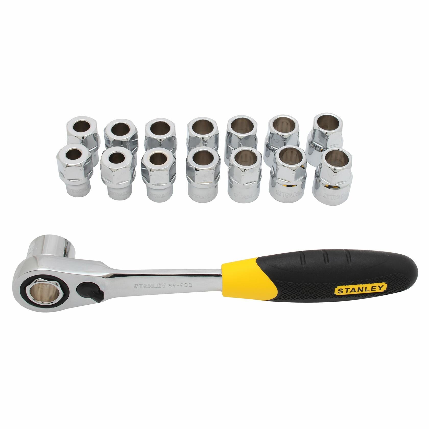 Stanley ratchet wrench with socket set on a white background