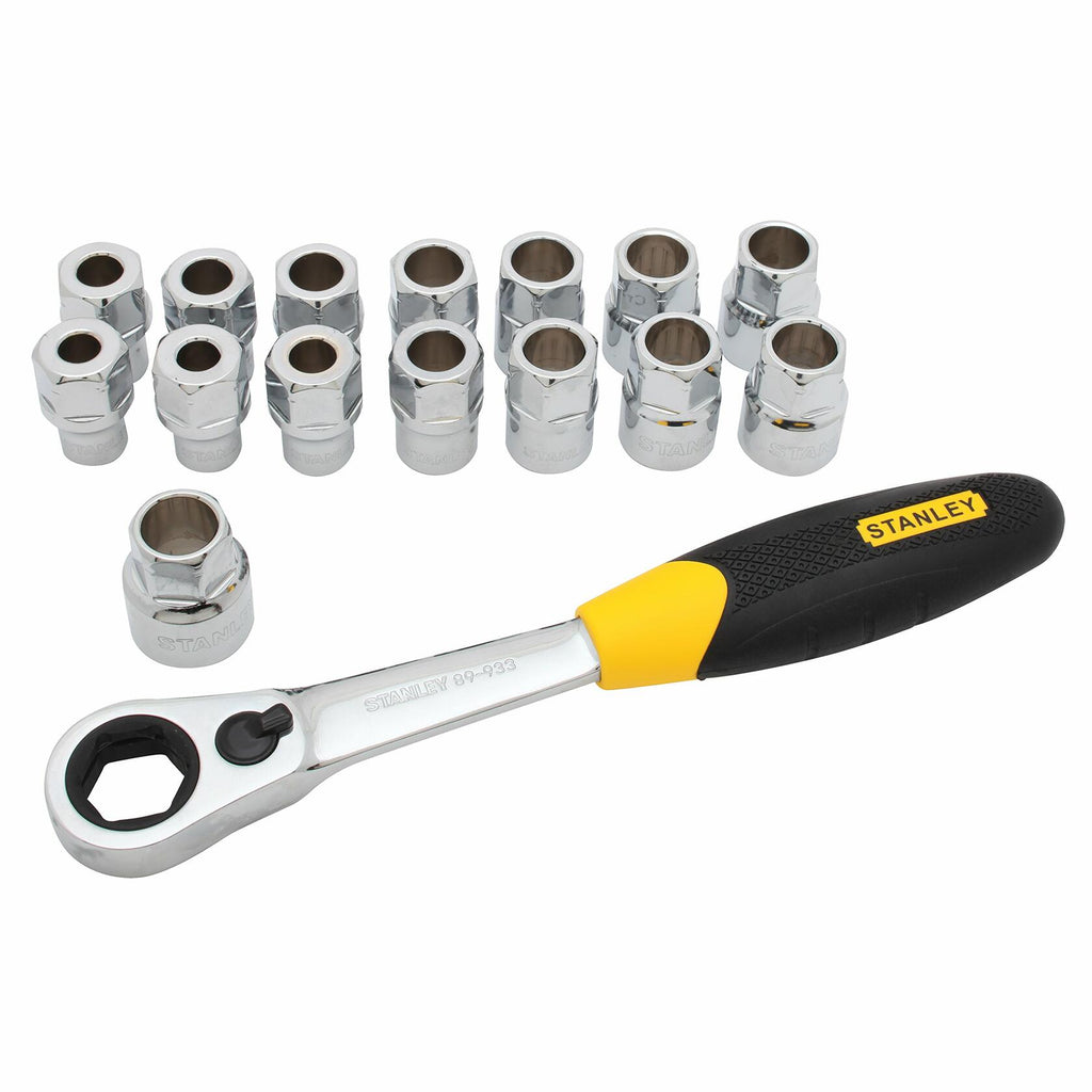 Set of sockets and a ratchet wrench with Stanley branding on a white background