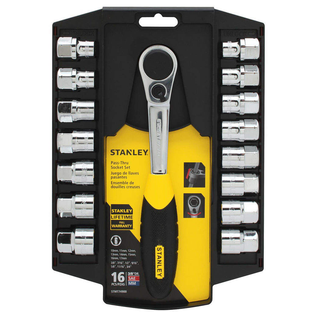 Stanley tool set packaging with ratchet wrench and sockets on a white background