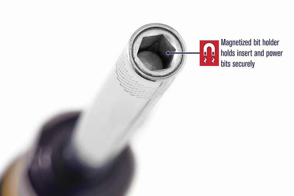 Close-up of a drill bit with a magnetized bit holder feature highlighted.