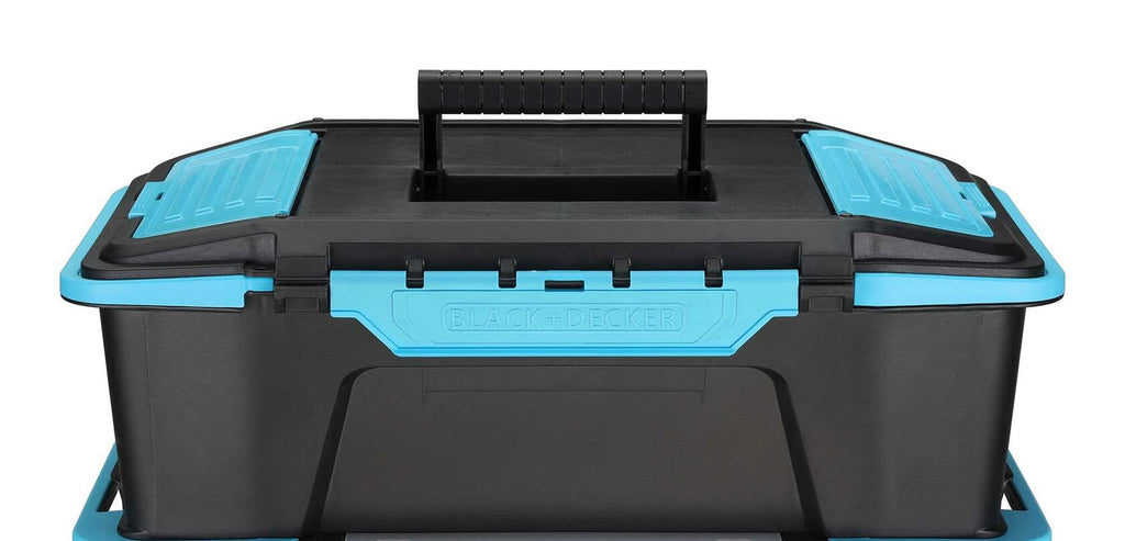 Black toolbox with blue accents on a white background