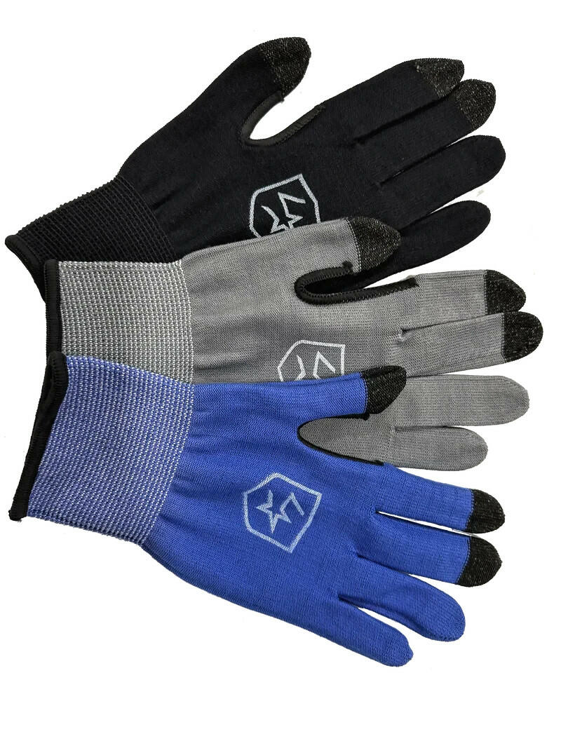 Three gloves in black, gray, and blue with a logo on a white background
