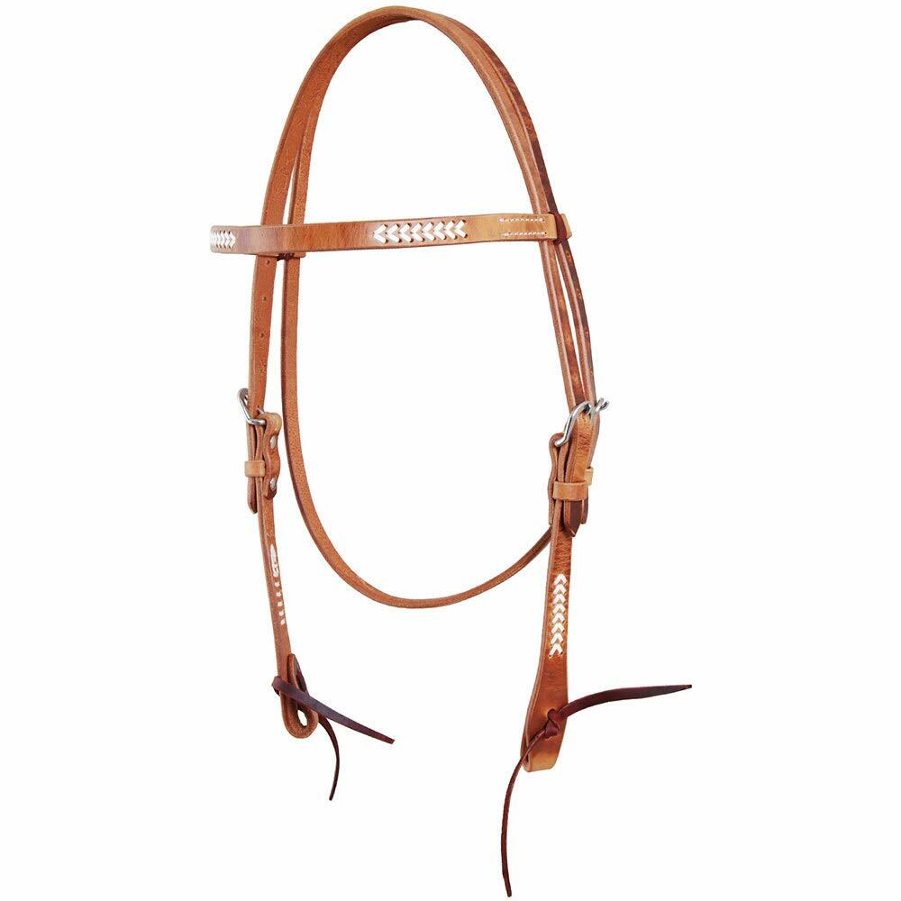 Brown leather horse bridle with decorative elements on a white background