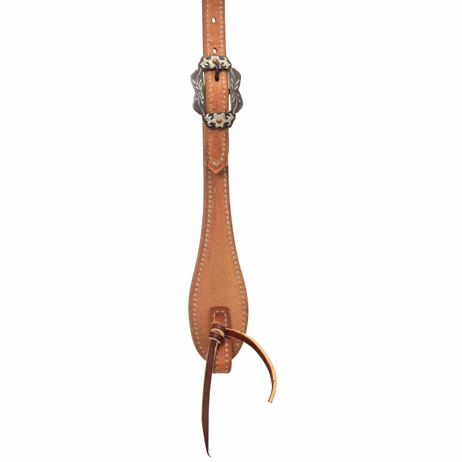 Brown leather strap with decorative buckle on a white background