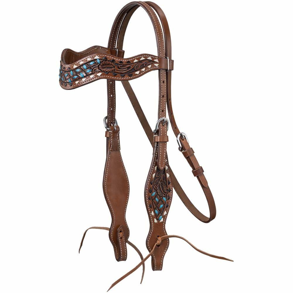 Brown leather horse bridle with intricate designs on a white background