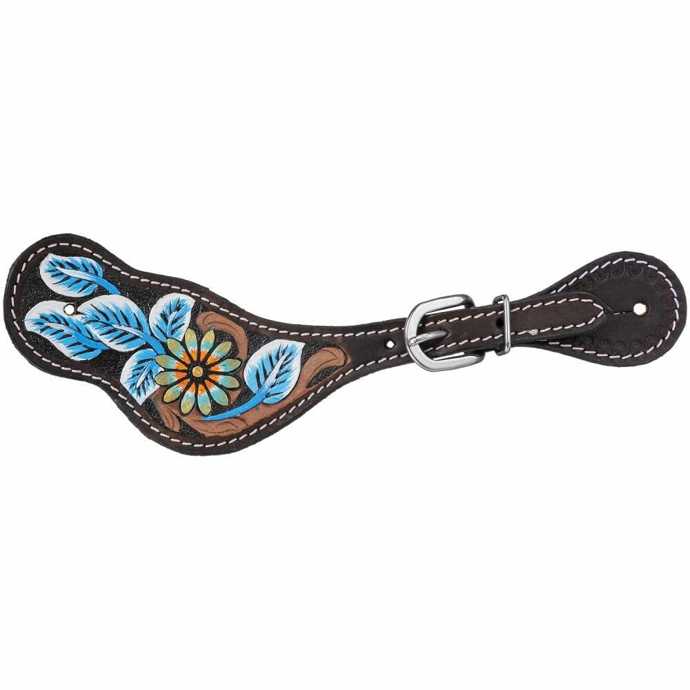 Decorative leather spurs with floral embroidery on a white background