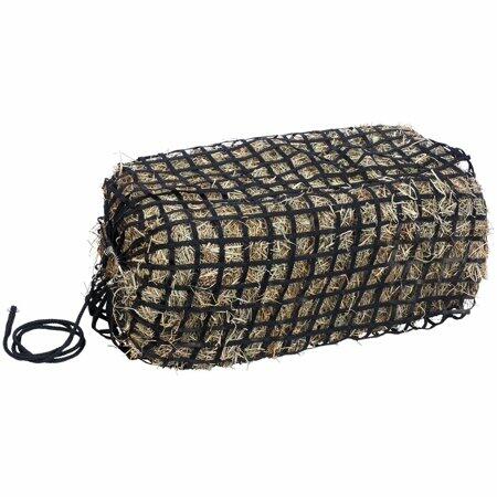Hay net with black mesh and straw filling on a white background