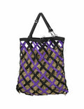 Black bag with purple and gold lattice pattern on a white background