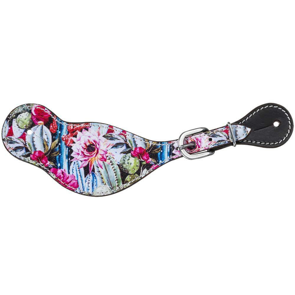 Floral-patterned leather strap with a buckle on a white background