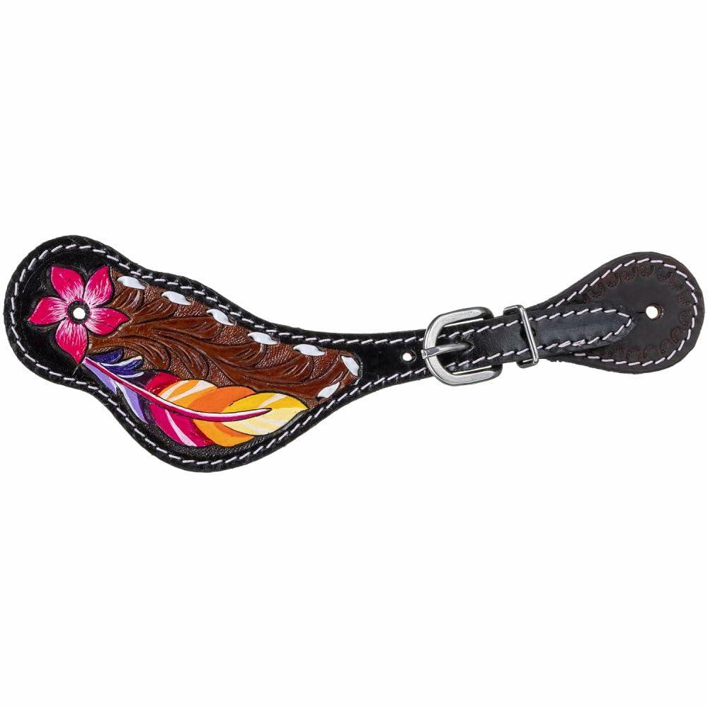 Decorative leather bridle bit with floral and feather design on a white background