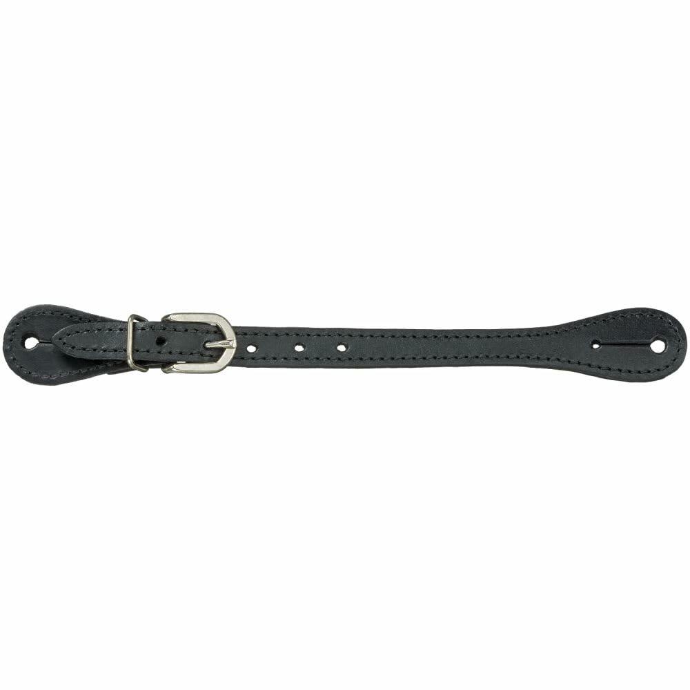Black leather strap with silver buckle on a white background