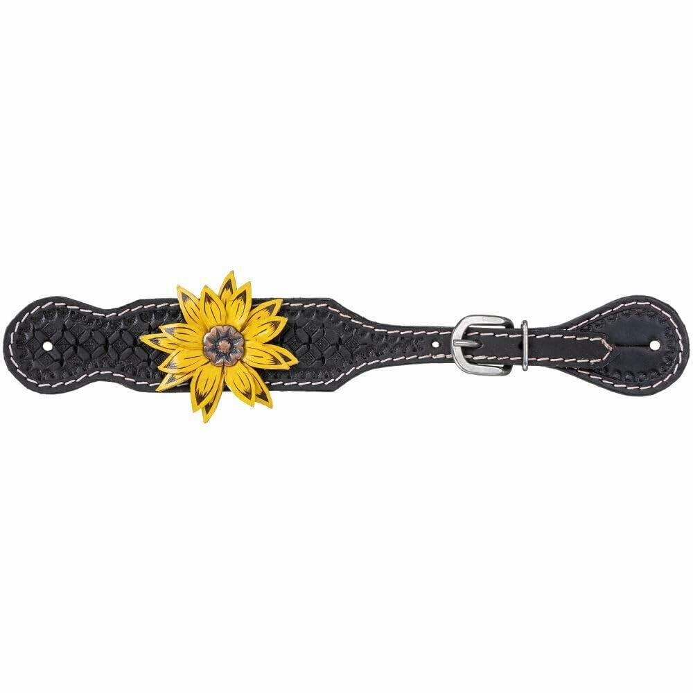 Black leather strap with a yellow sunflower design on a white background