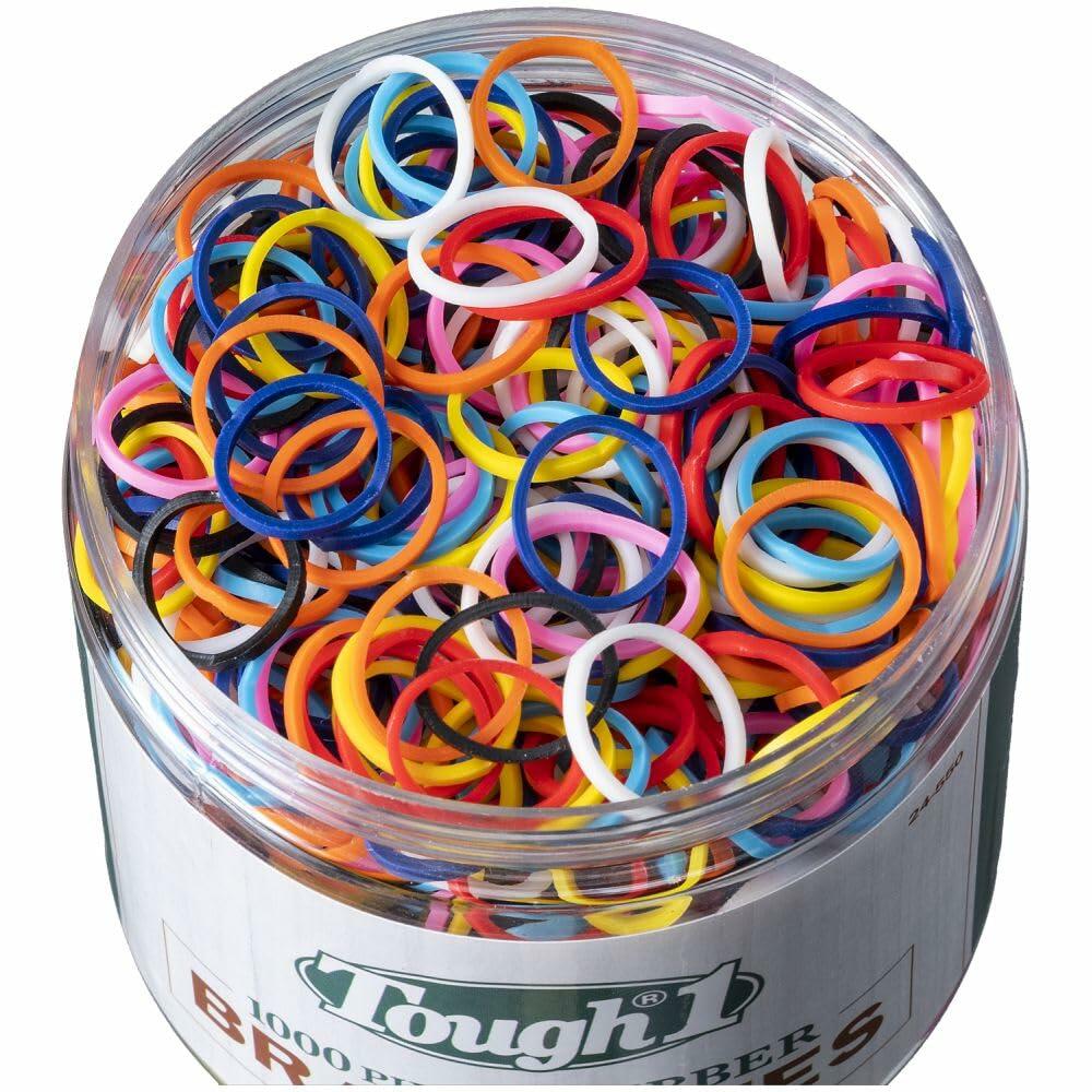 Jar of colorful rubber bands with a brand label on a white background