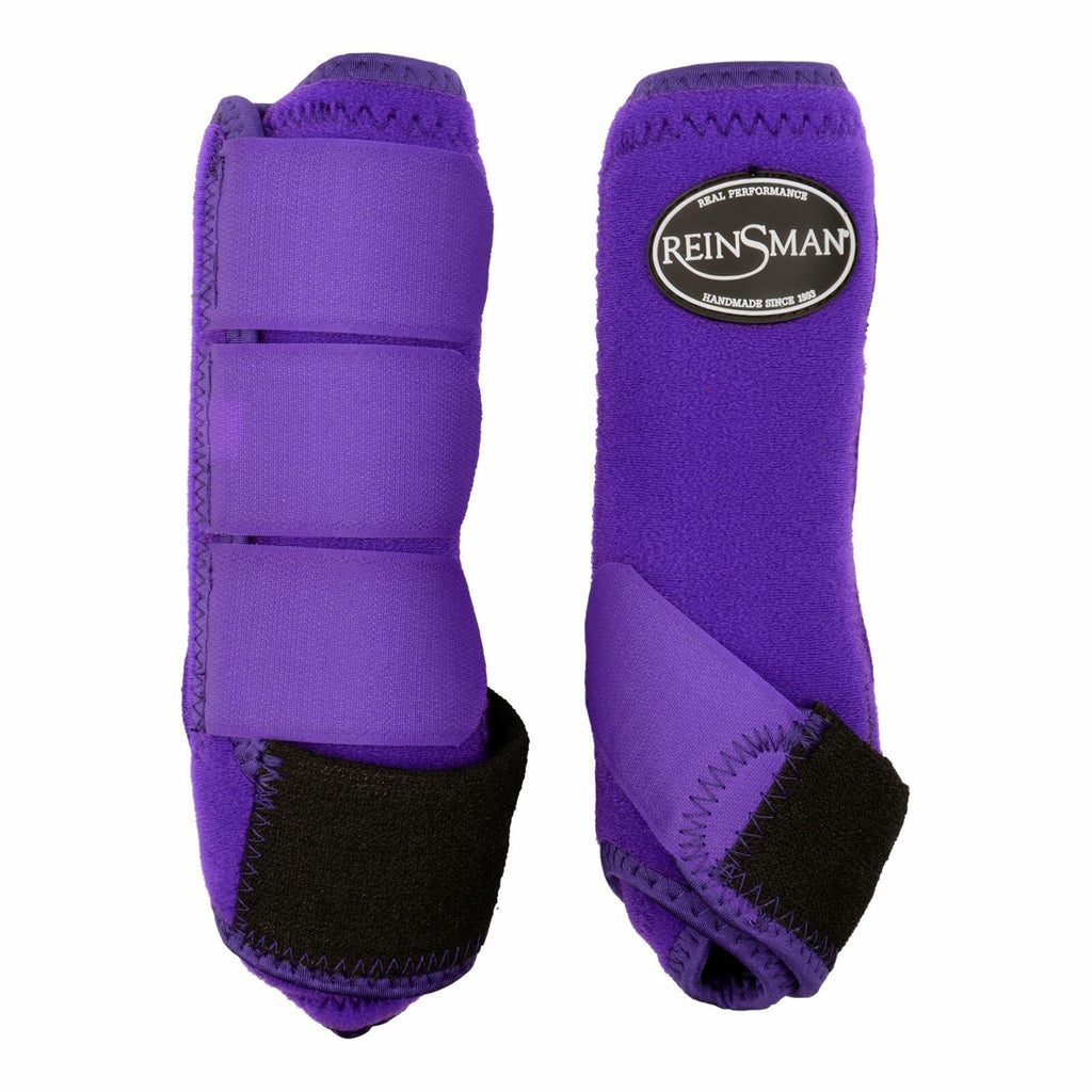 Purple protective horse boots with black accents on a white background, featuring the Reinsman brand logo.