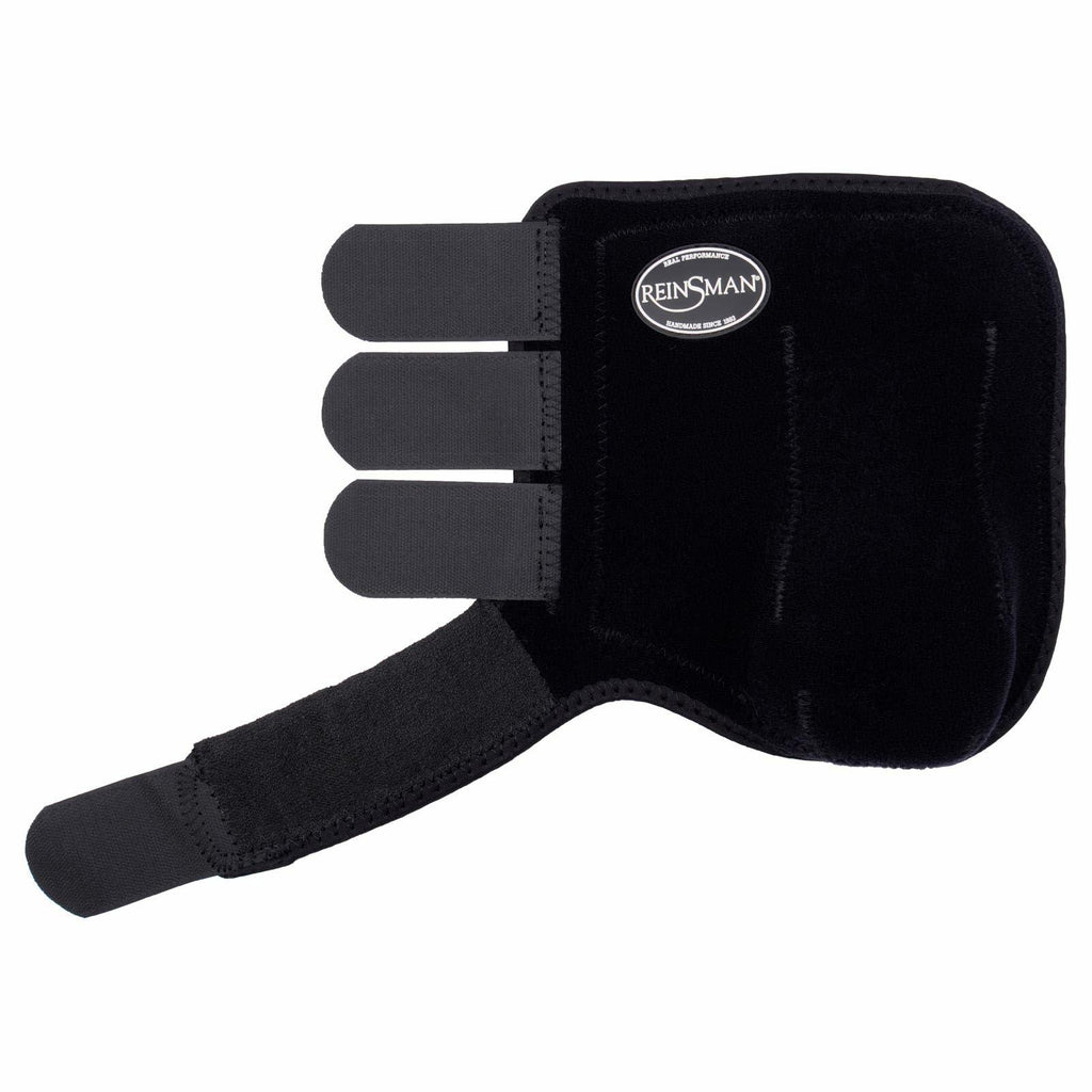 Black equestrian leg guard with Reinsman logo on a white background