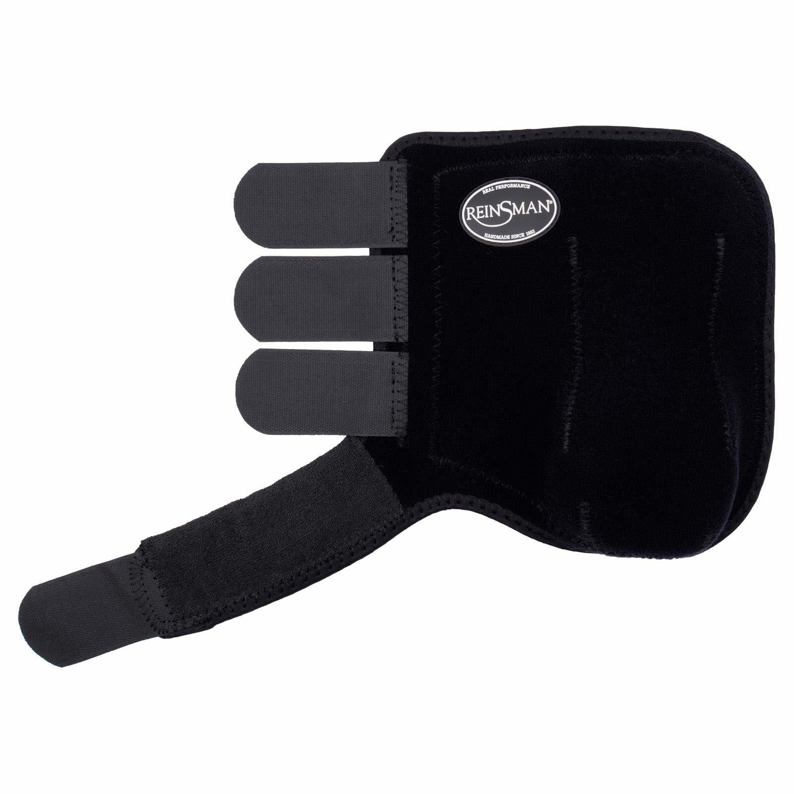 Black equestrian leg guard with Reinsman logo on a white background