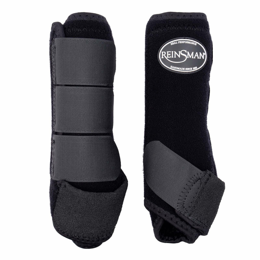 Pair of black horse boots with Reinsman logo on a white background