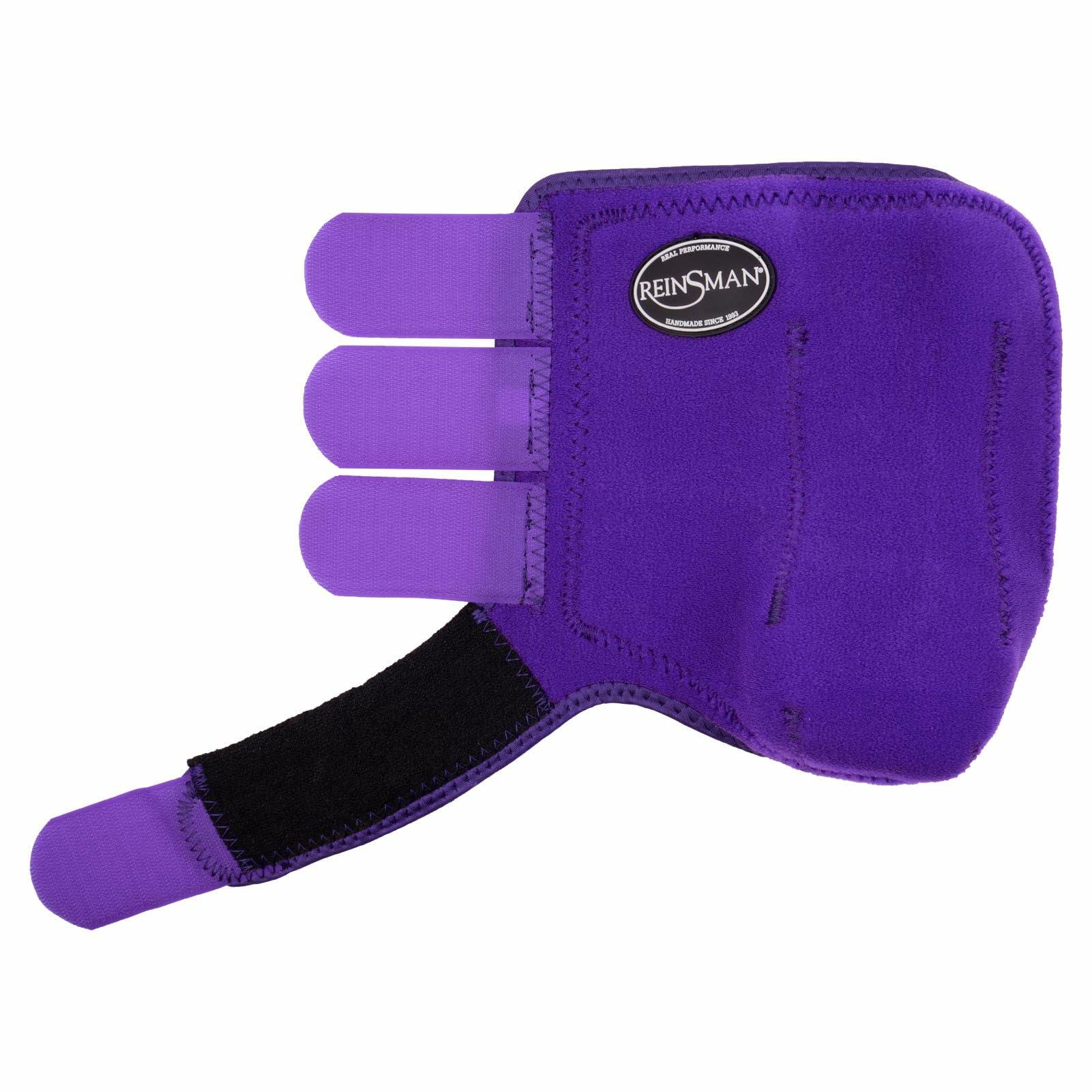 Purple glove with black wrist strap on a white background, featuring Reinsman branding.