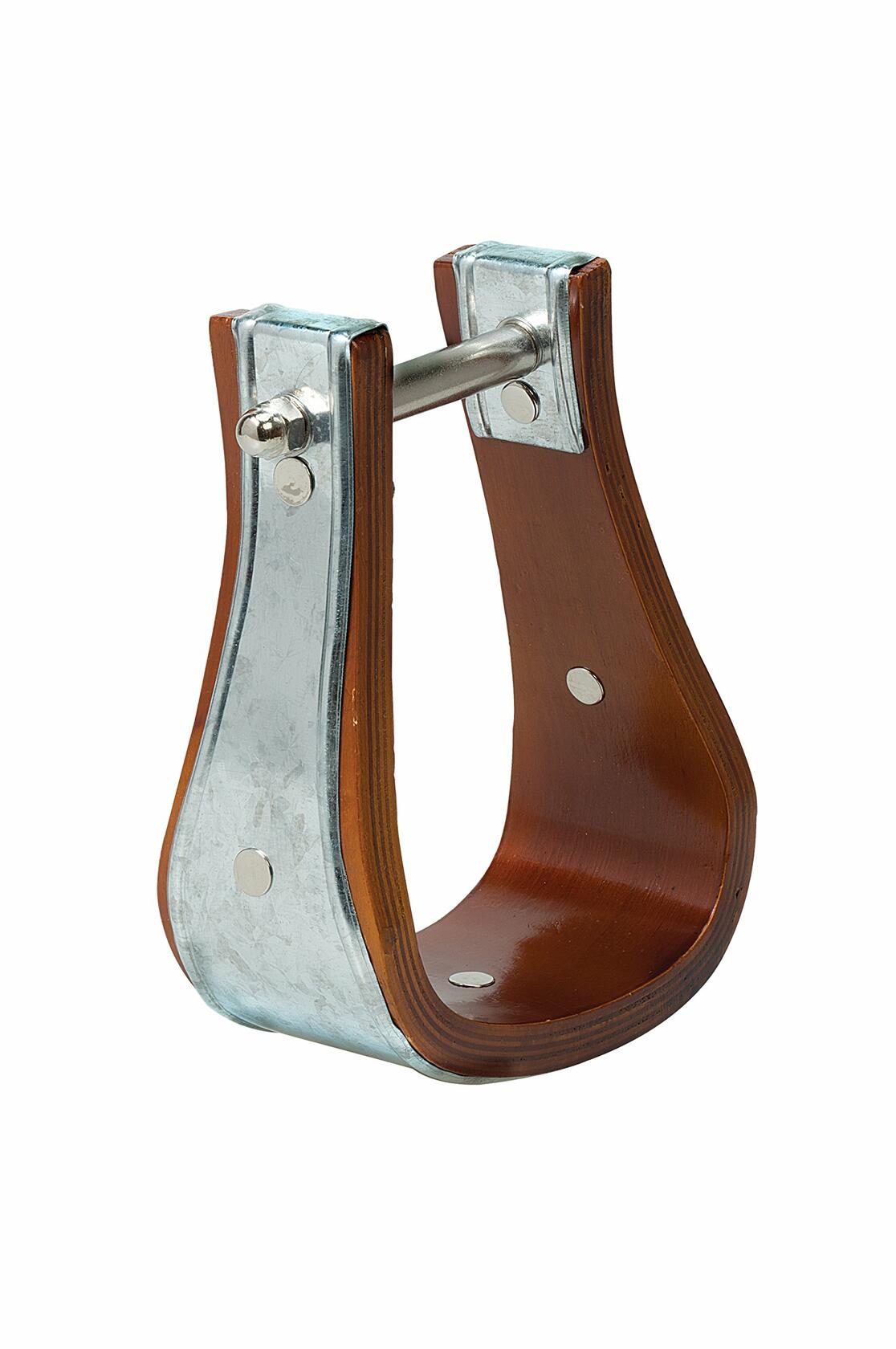 Metal and leather equestrian bit on a white background