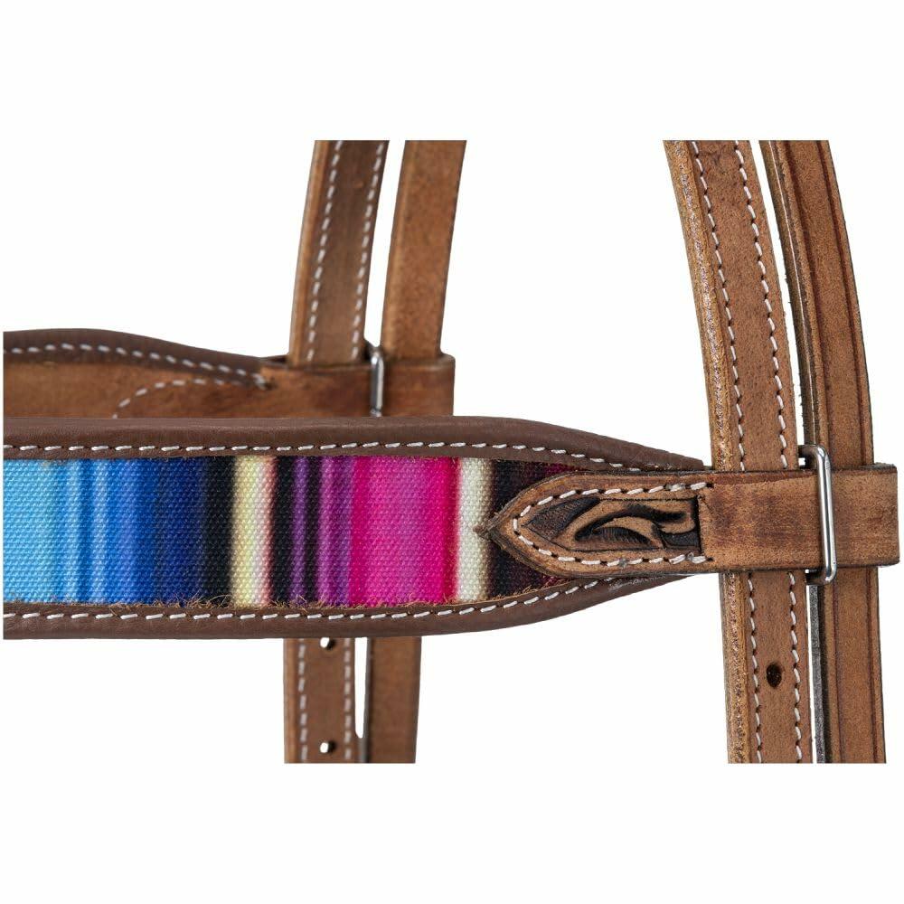 Close-up of a brown leather bridle with colorful webbing on a white background
