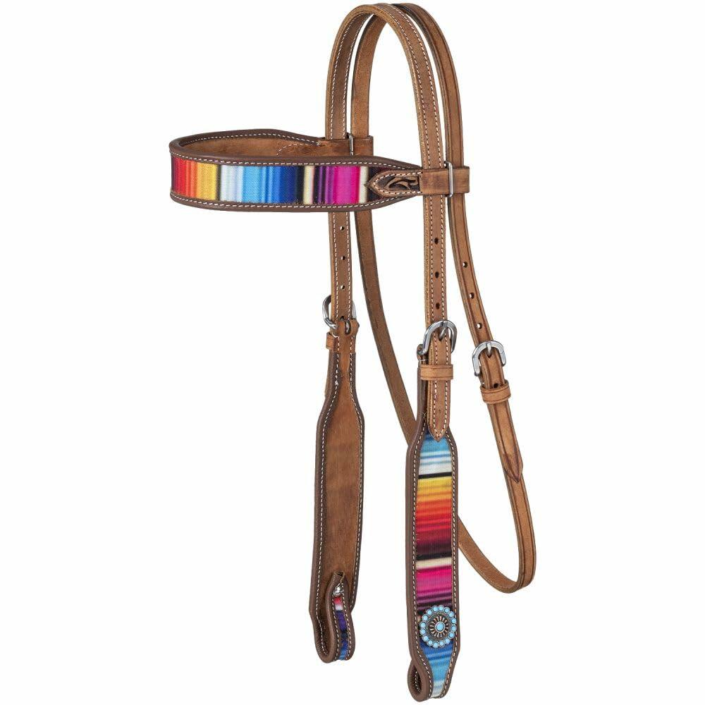 Brown leather horse bridle with colorful serape pattern on a white background