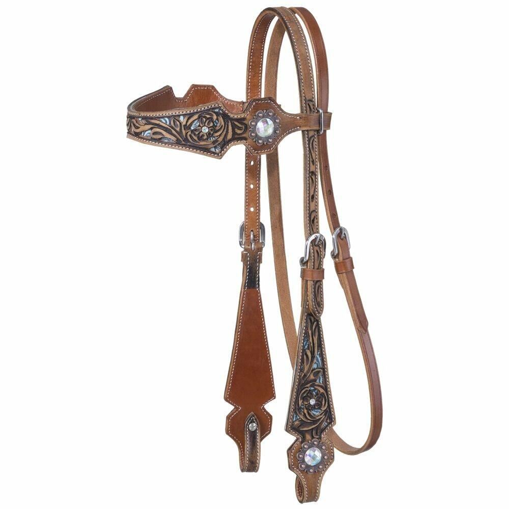 Brown leather horse bridle with intricate designs on a white background