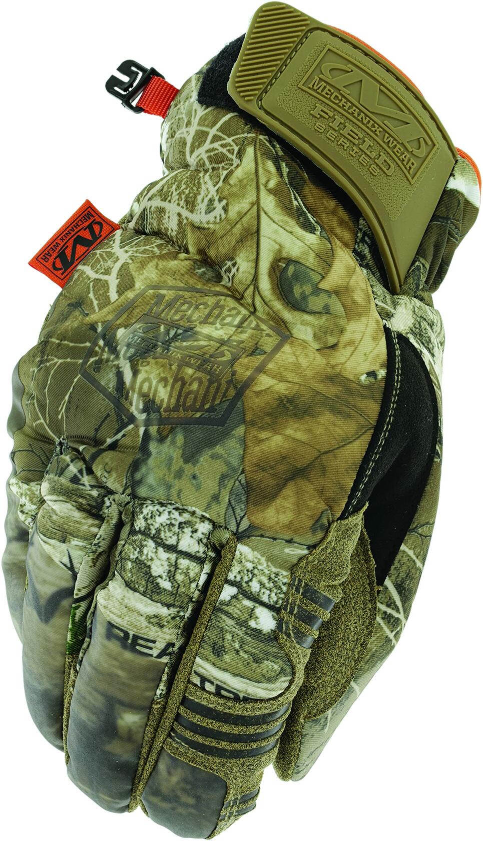 Camouflage glove with brand logos on a white background