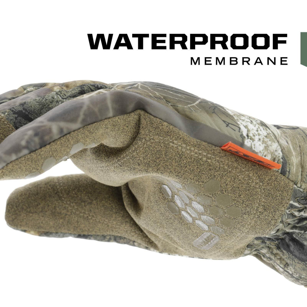 Camouflage glove with waterproof membrane text on a white background