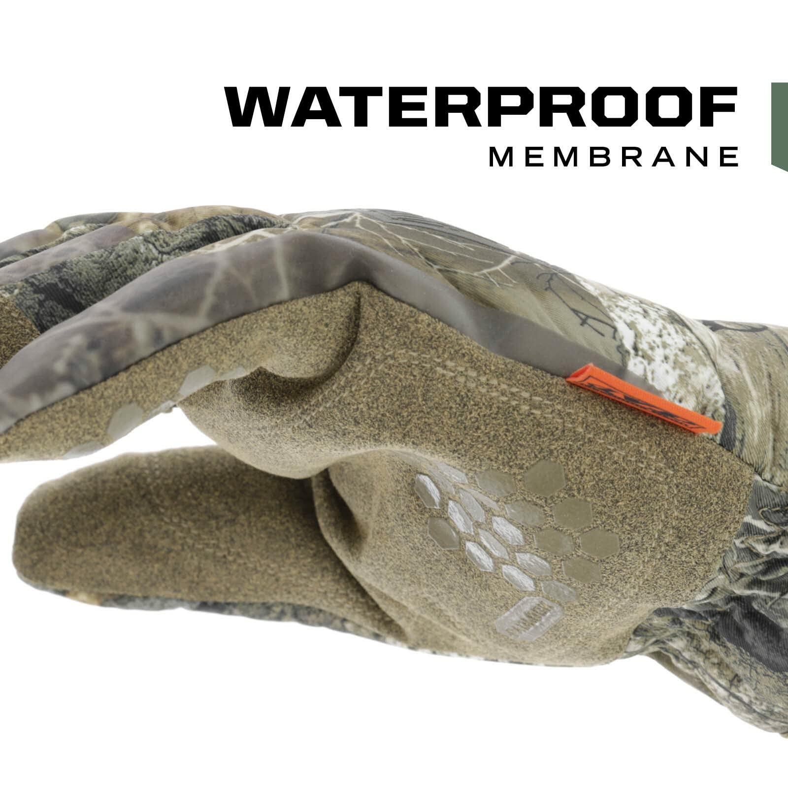 Camouflage glove with waterproof membrane text on a white background