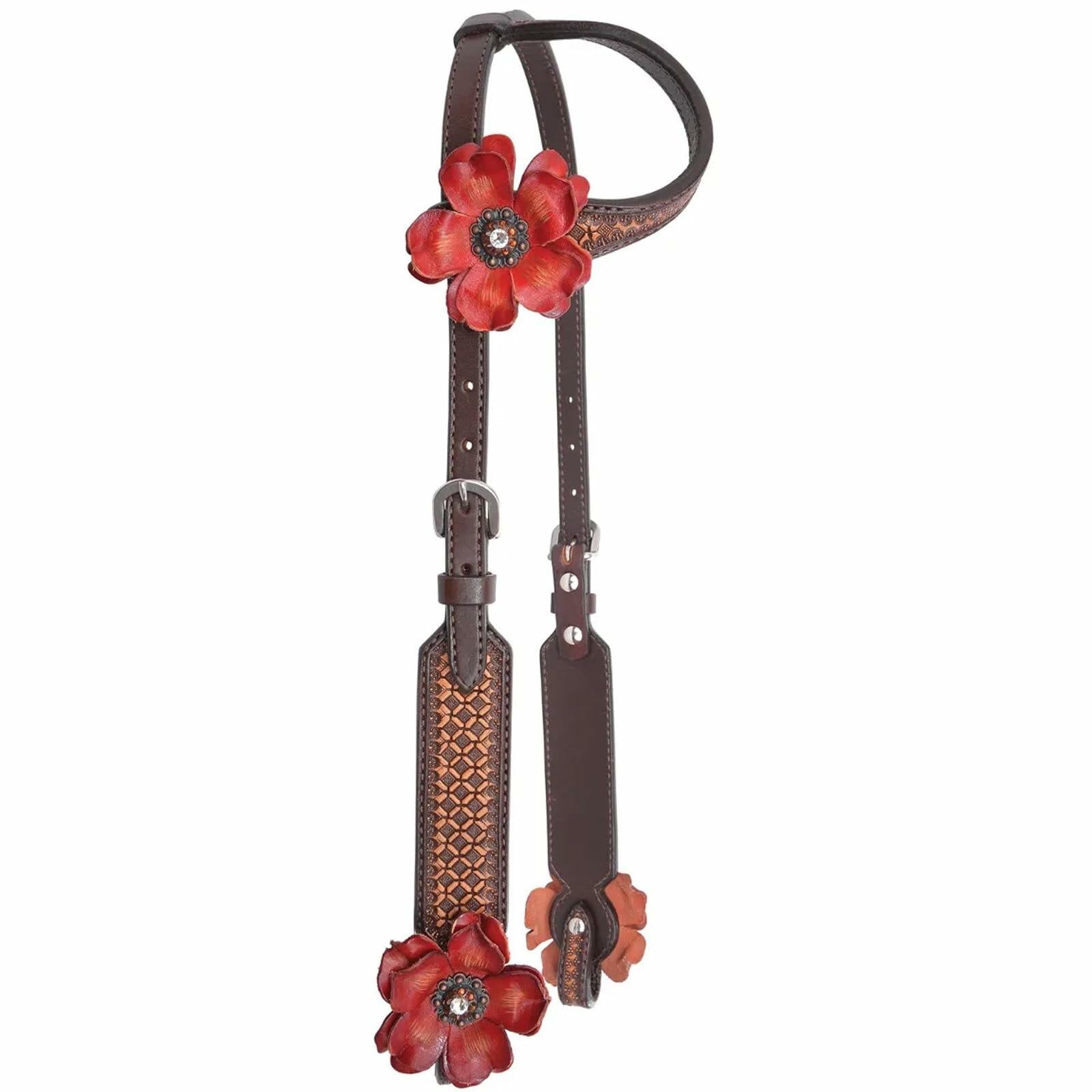 Brown leather horse bridle with red floral decorations on a white background