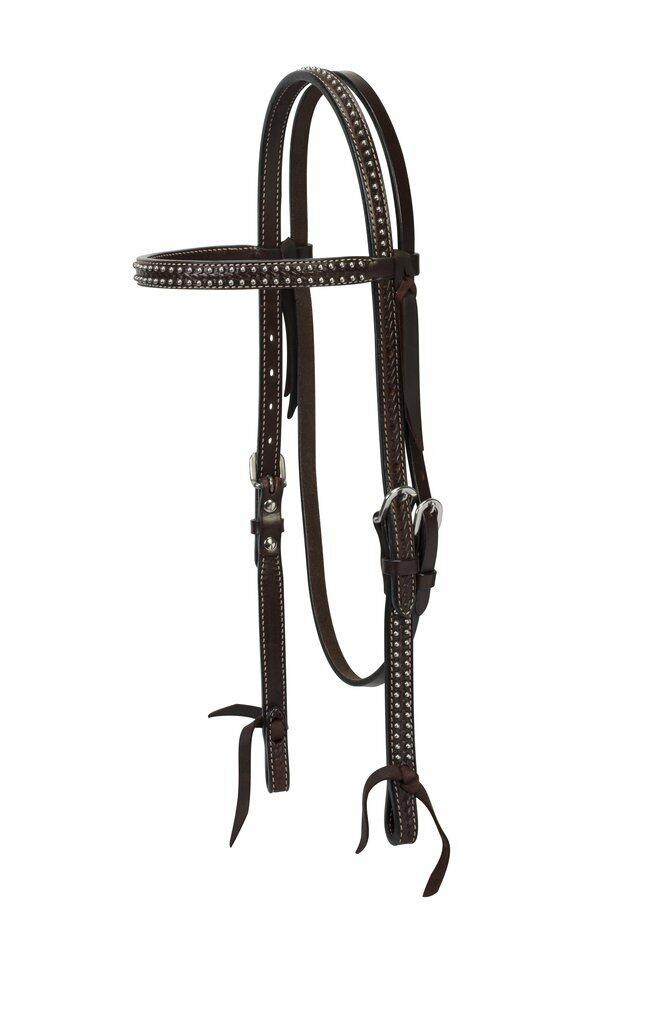 Brown leather horse bridle with decorative elements on a white background