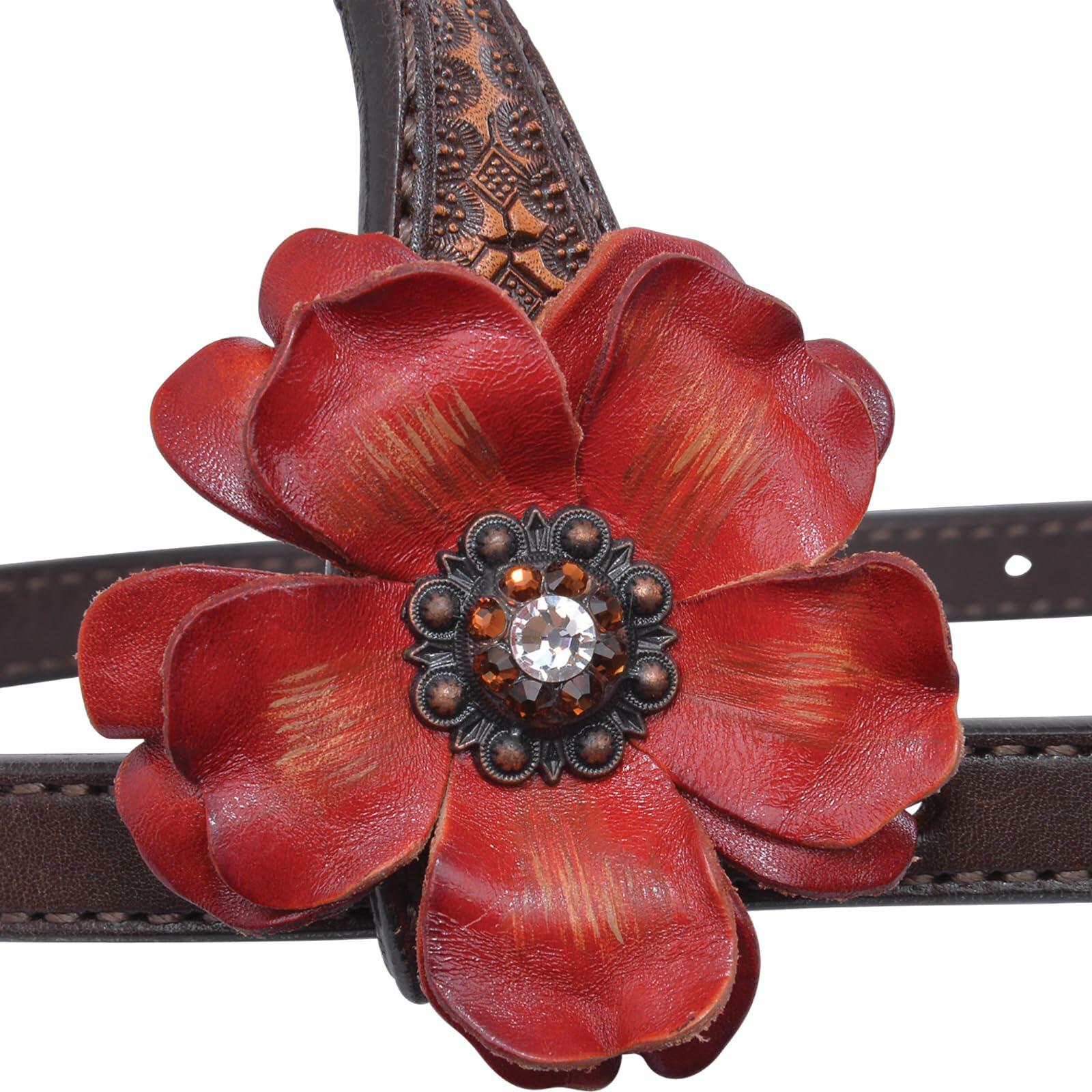 Red leather flower accessory on a brown leather strap with intricate design