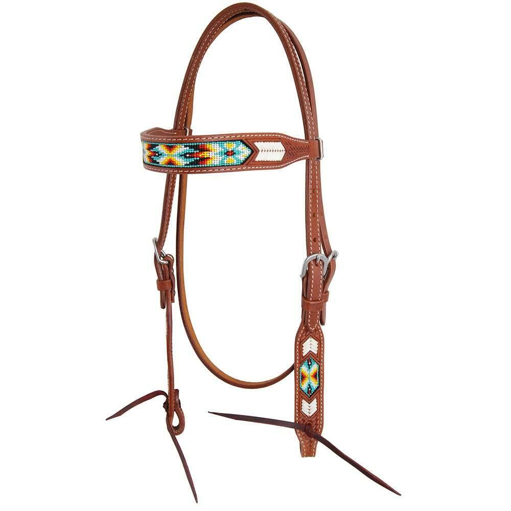 Brown leather horse bridle with colorful bead patterns on a white background