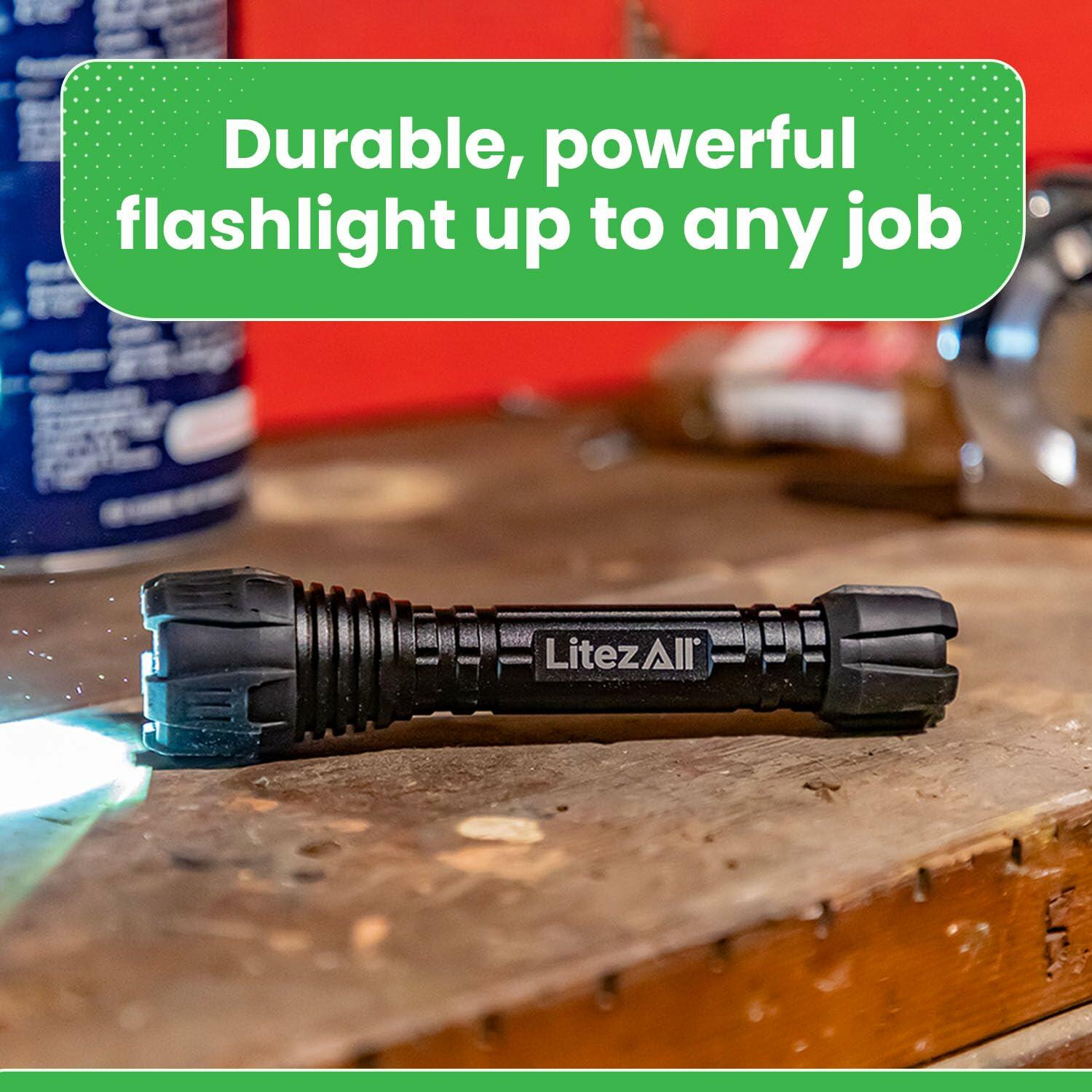 Black flashlight with 'LitezAll' branding on a wooden surface, text overlay about durability and power.
