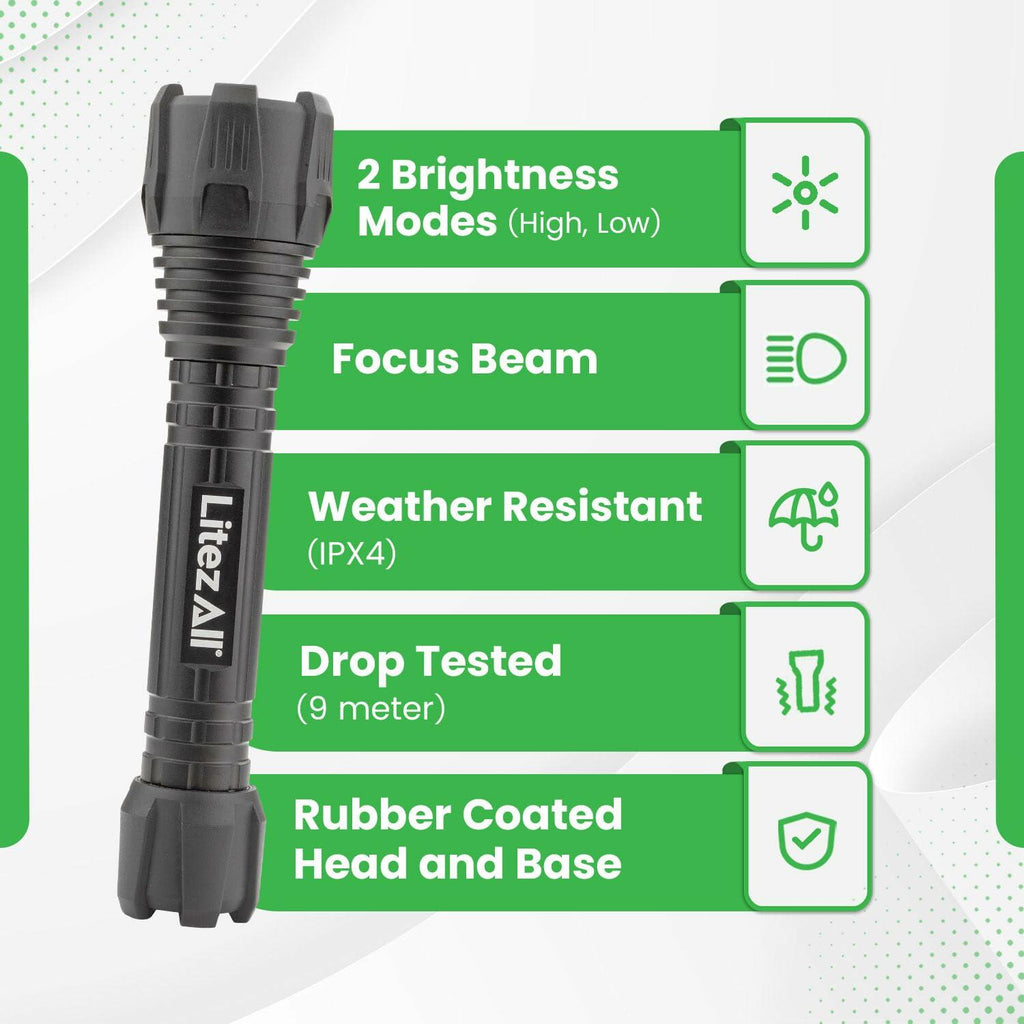 Black flashlight with green feature labels on a white background