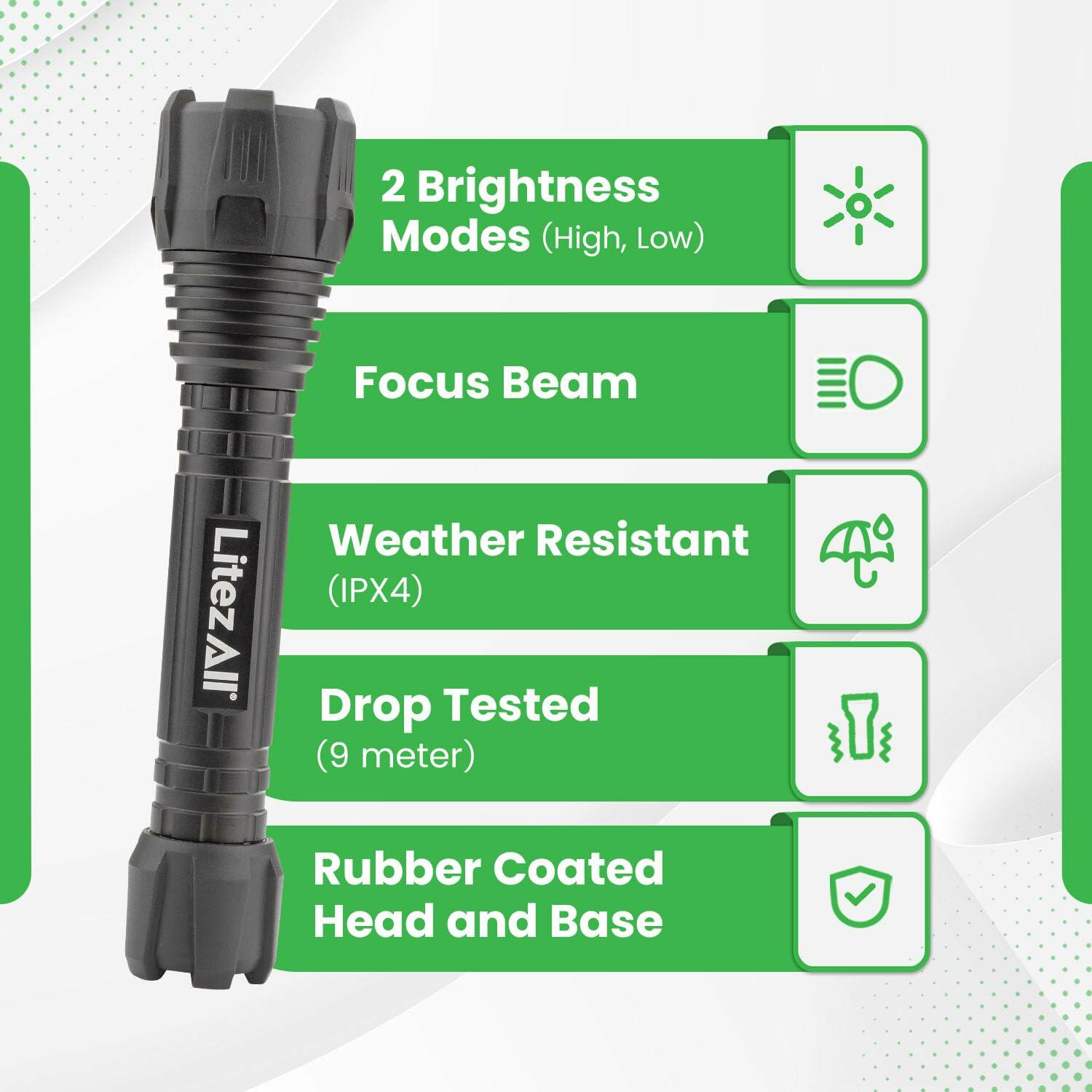 Black flashlight with green feature labels on a white background