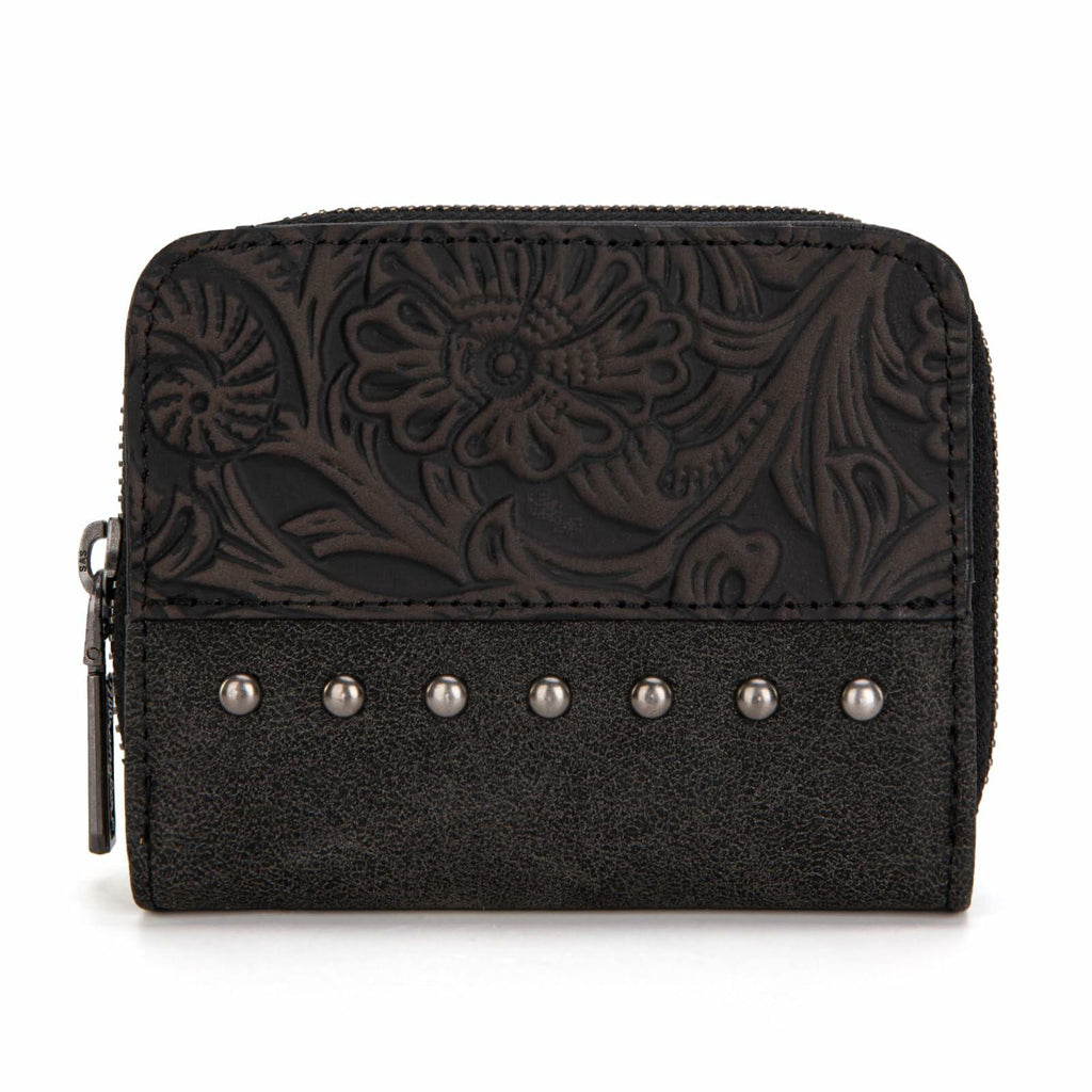 Black embossed wallet with studded details on a white background