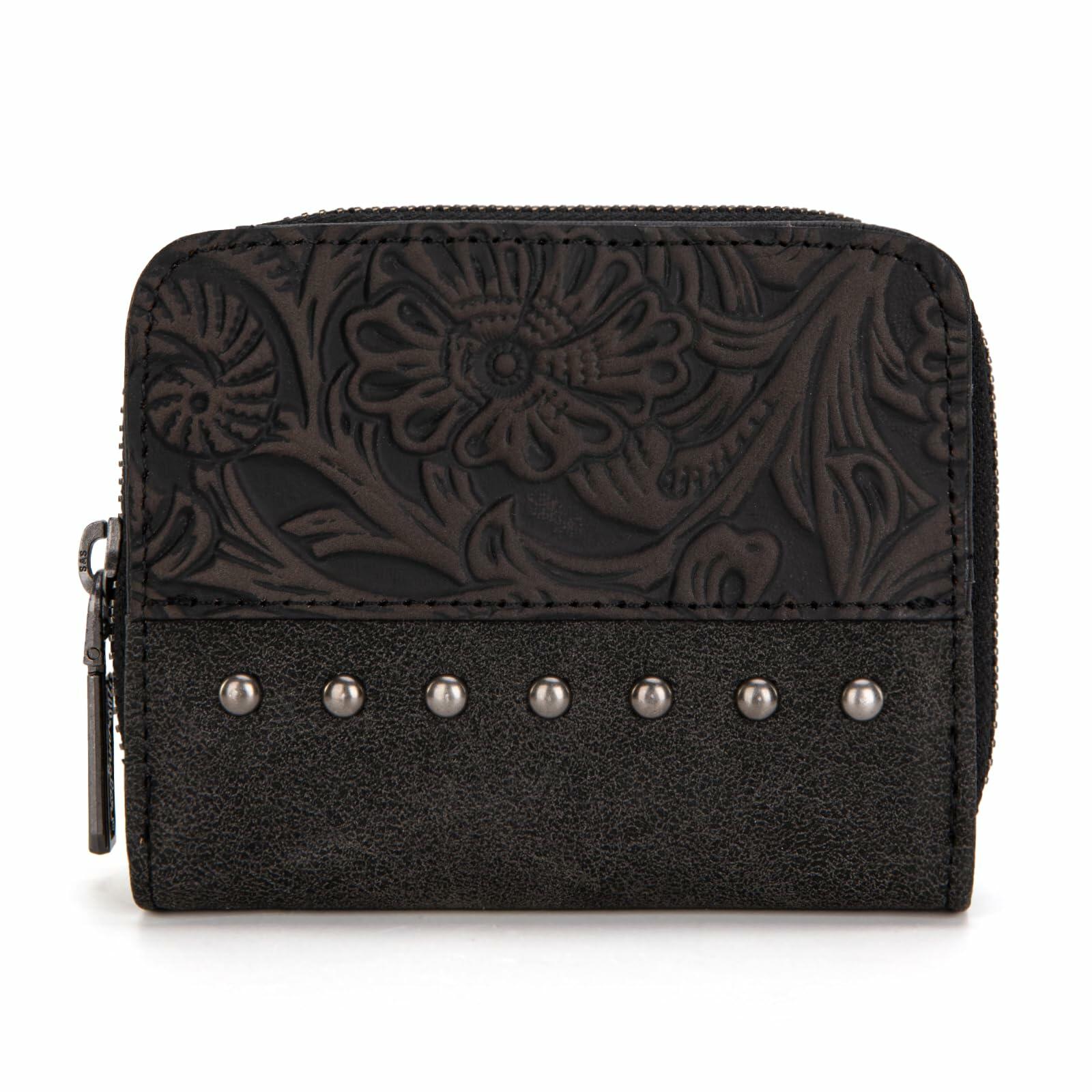 Black embossed wallet with studded details on a white background