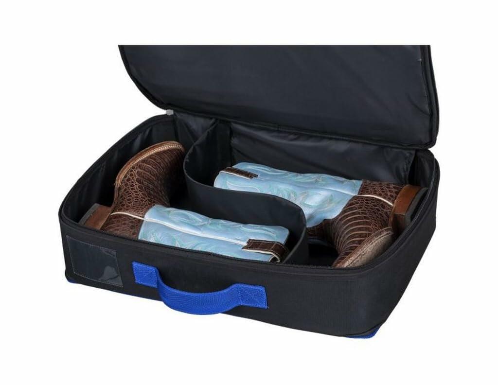 Black suitcase with a blue handle containing shoes and clothing on a white background