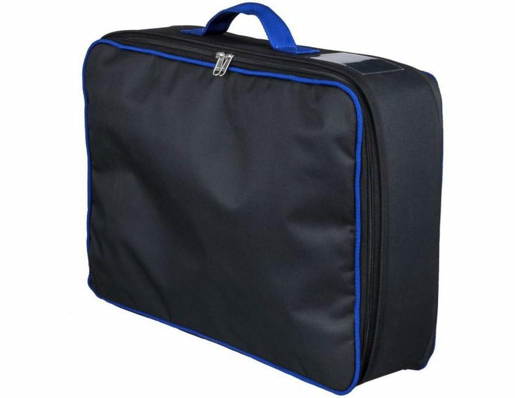 Black travel bag with blue trim on a white background