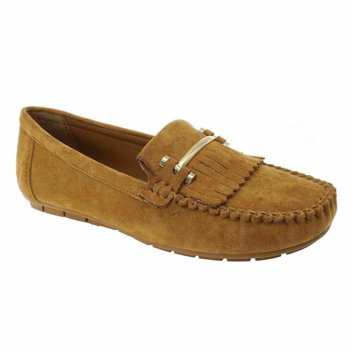 Brown suede loafer shoe on a white background