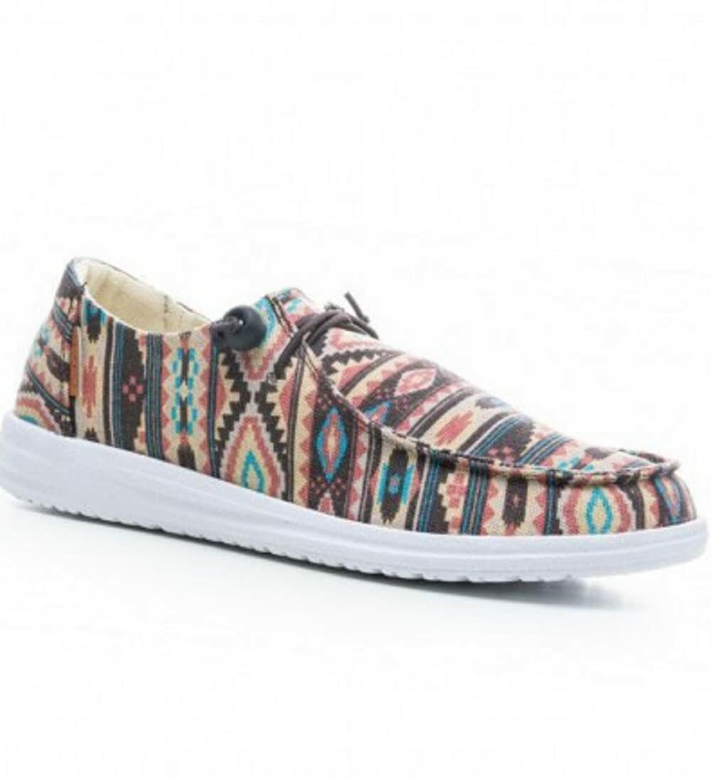 Multicolored patterned shoe on a white background