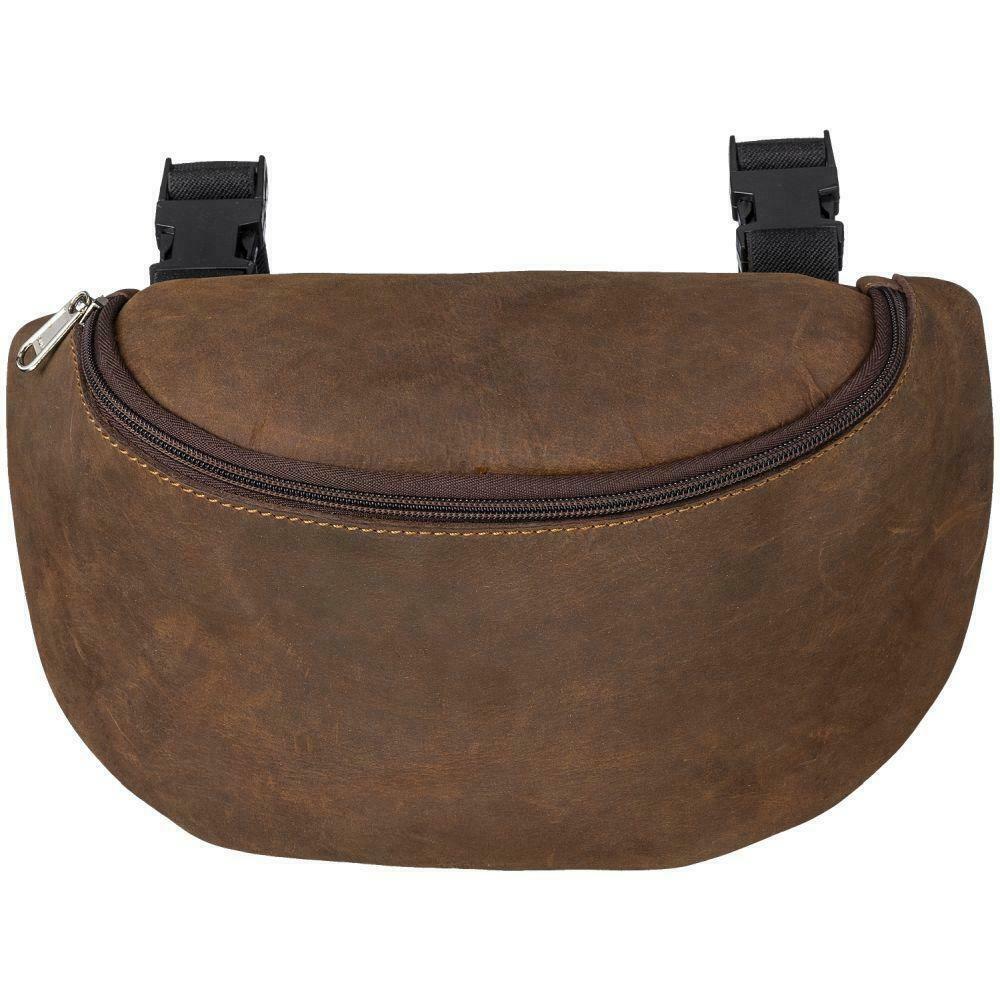 Brown leather waist bag with black zippers on a white background